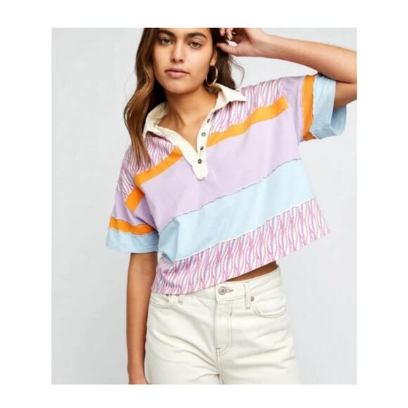 Free People Bella Collar Henley Retro Print Crop Shirt Sz Large - Picture 1 of 5